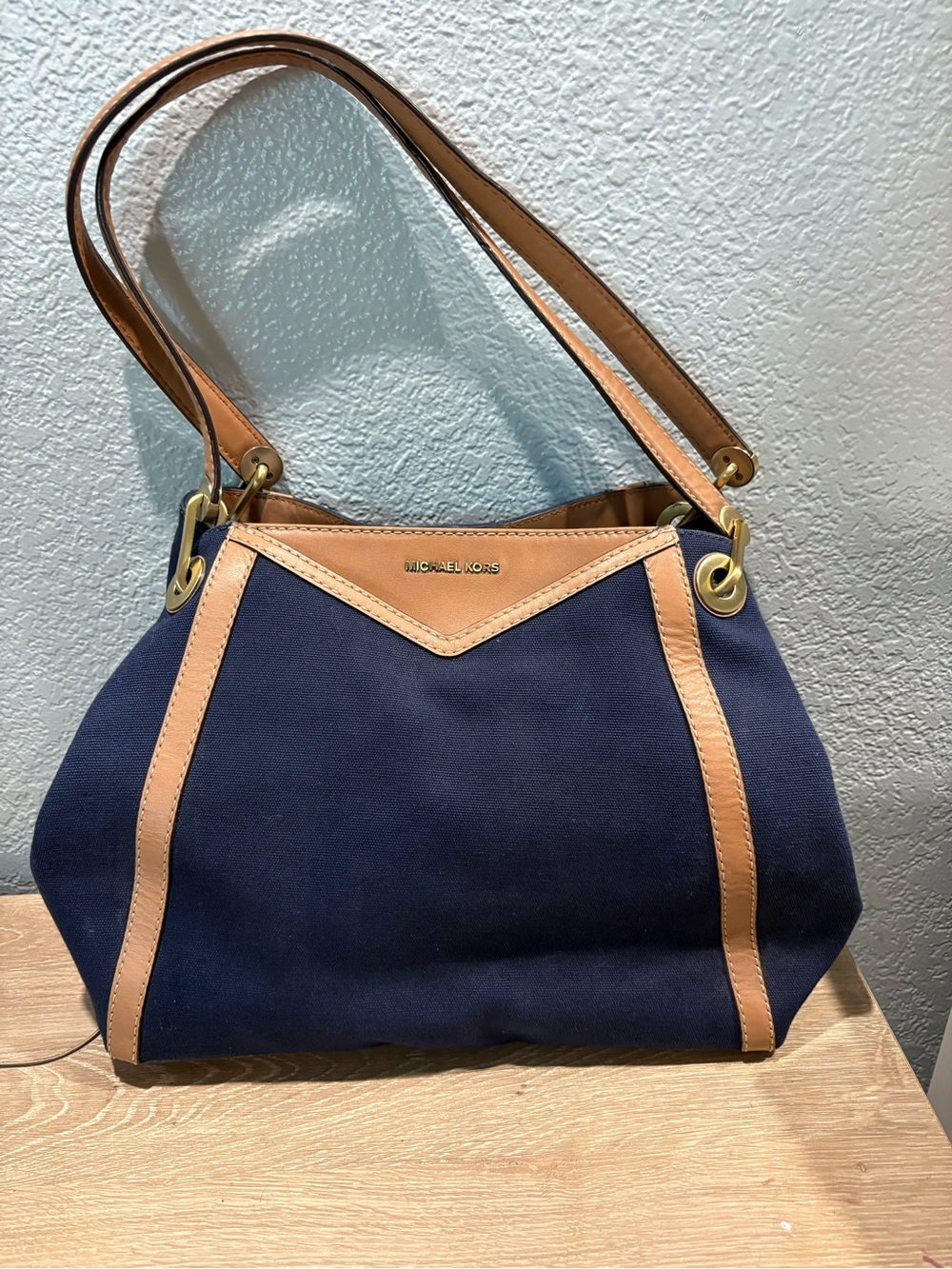 Michael Kors Navy Canvas Shoulder Bag with Tan Leather Trim
